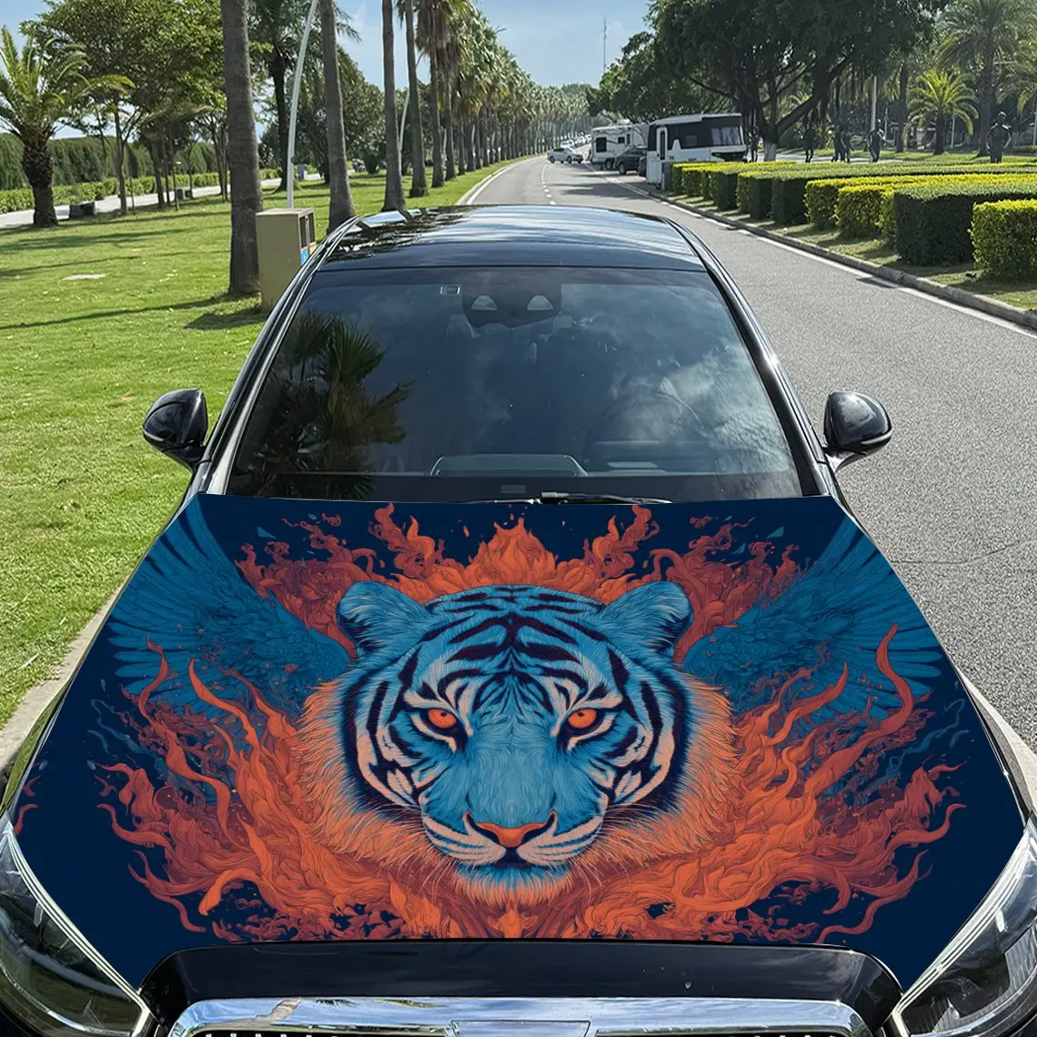 Fire - Winged Tiger Spirit Car Vinyl Wrap, PVC Material Waterproof Car Hood Sticker, Self-Adhesive Scratch-Resistant Stickers fo