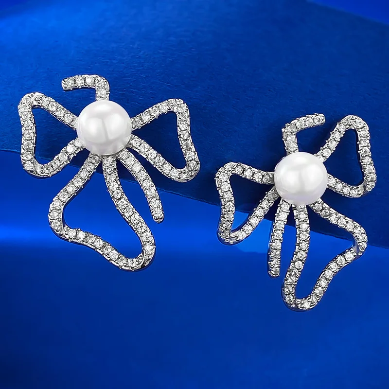 2024 Floral Bow Earrings Full body 925 Sterling Silver Inlaid with Natural Pearl 6mm European and American Women's Earrings