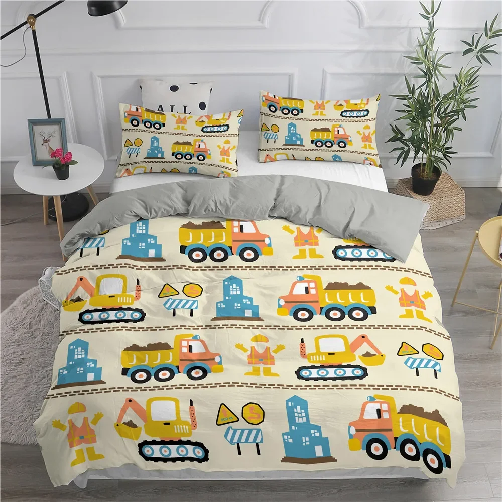 Cartoon Fire Truck King Queen Bedding Set for Boys Kids Concrete Truck Duvet Cover Tractor Crane Excavator Polyester Quilt Cover