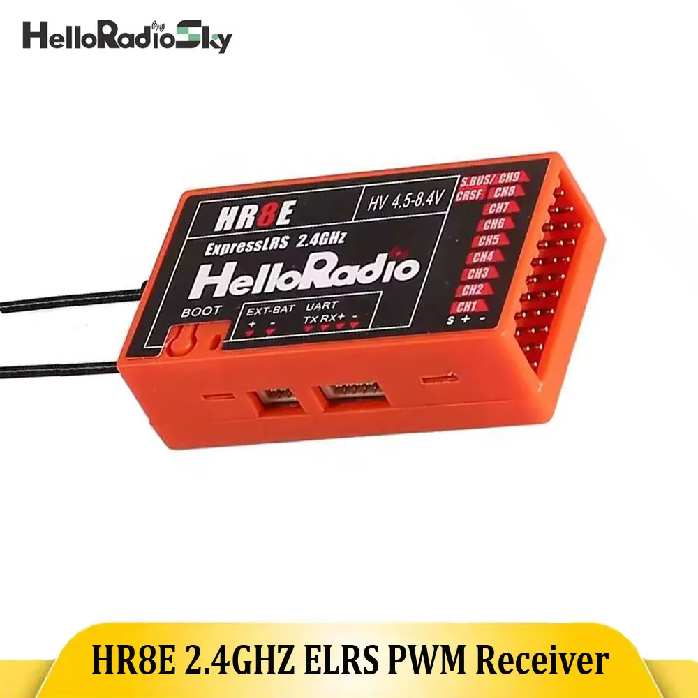 HelloRadio HR8E ELRS 2.4G 9-Channel PWM Power Supply DC 4.5-7.4 V Receiver Dual Antenna Fixed Wing Model RC Boat Universal
