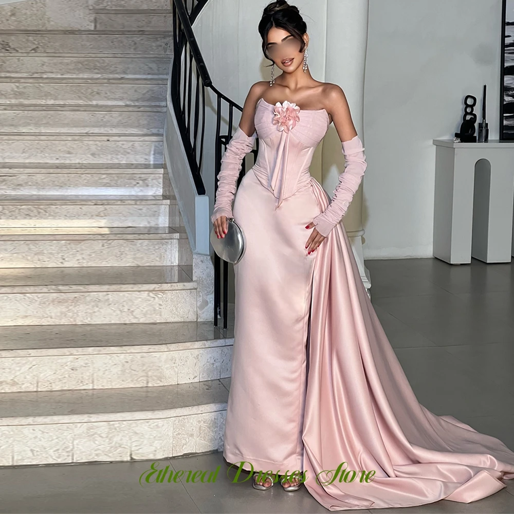 Vestido de noche sin tirantes de lujo, exquisito tren capilla, vestidos de fiesta de satén, flores delicadas, vestidos personalizados para ocasiones especiales