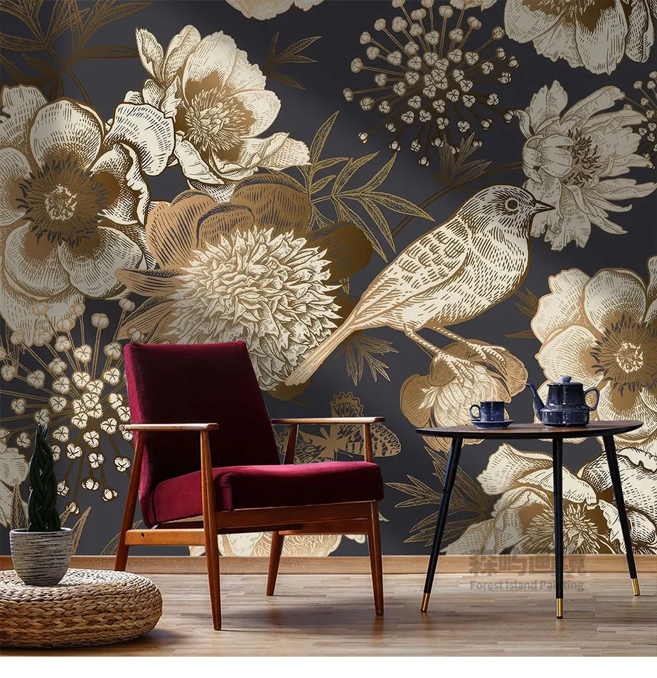 Tropical Jungle French Hand drawn Peony Flower Exquisite Pattern Living Room Bedroom Bird Background Customized Wallpaper
