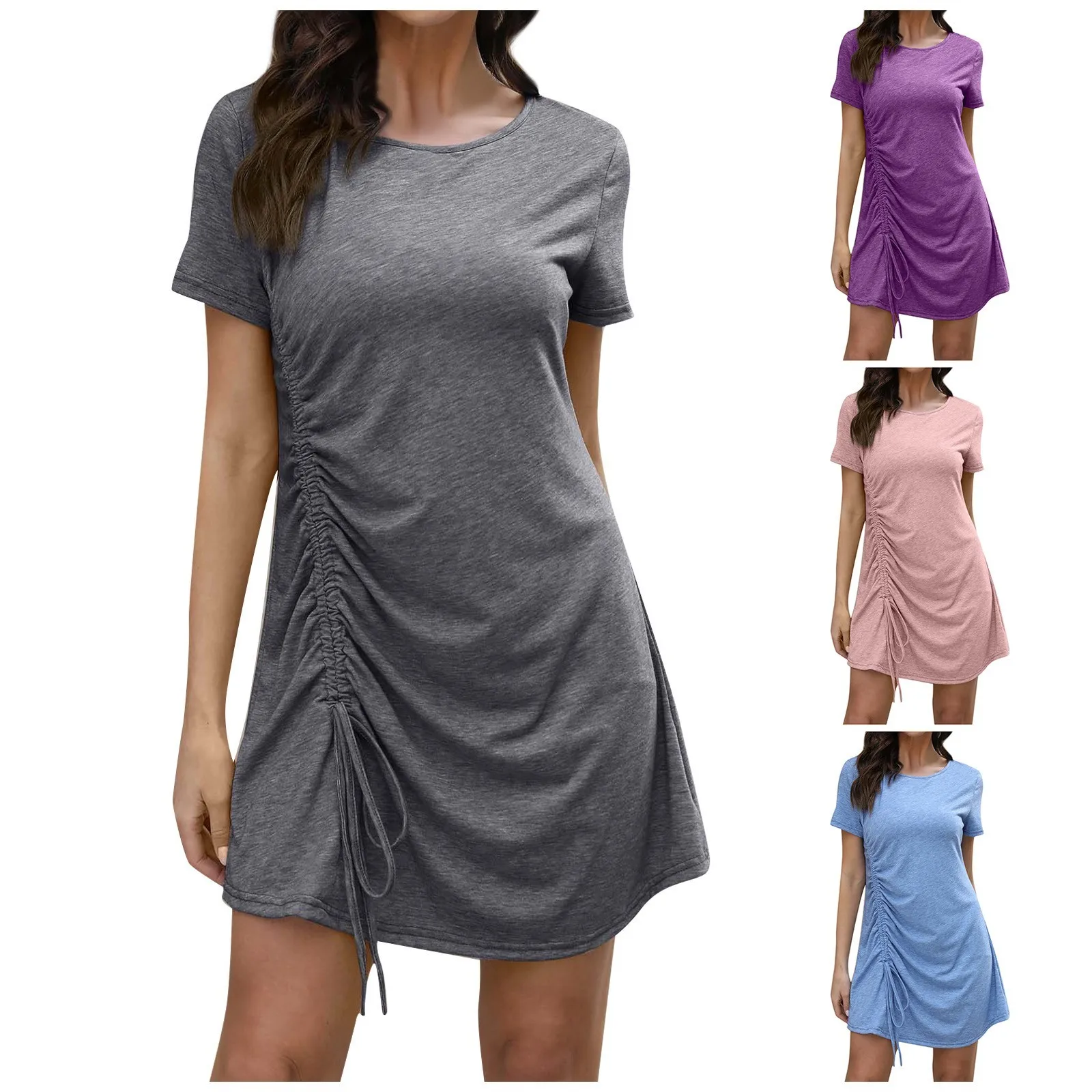 Ladies Summer New Dresses Casual Comfortable Personality Cool Breathable Dress Simple Solid Color Round Neck Short Sleeve Dress