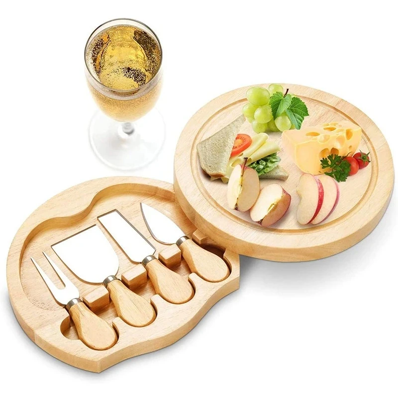 Cheese Board and Knife Set wood Round Charcuterie Board Set Serving Tray Cheese Cutting Board Includes 4 Stainless Steel Knife