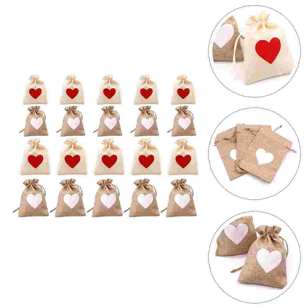 

20 Pcs Love Sack Wedding Gift Bag Small Wrapping Package Bags Happy Candy Creative Packaging Imitation Linen Drawstring Goody