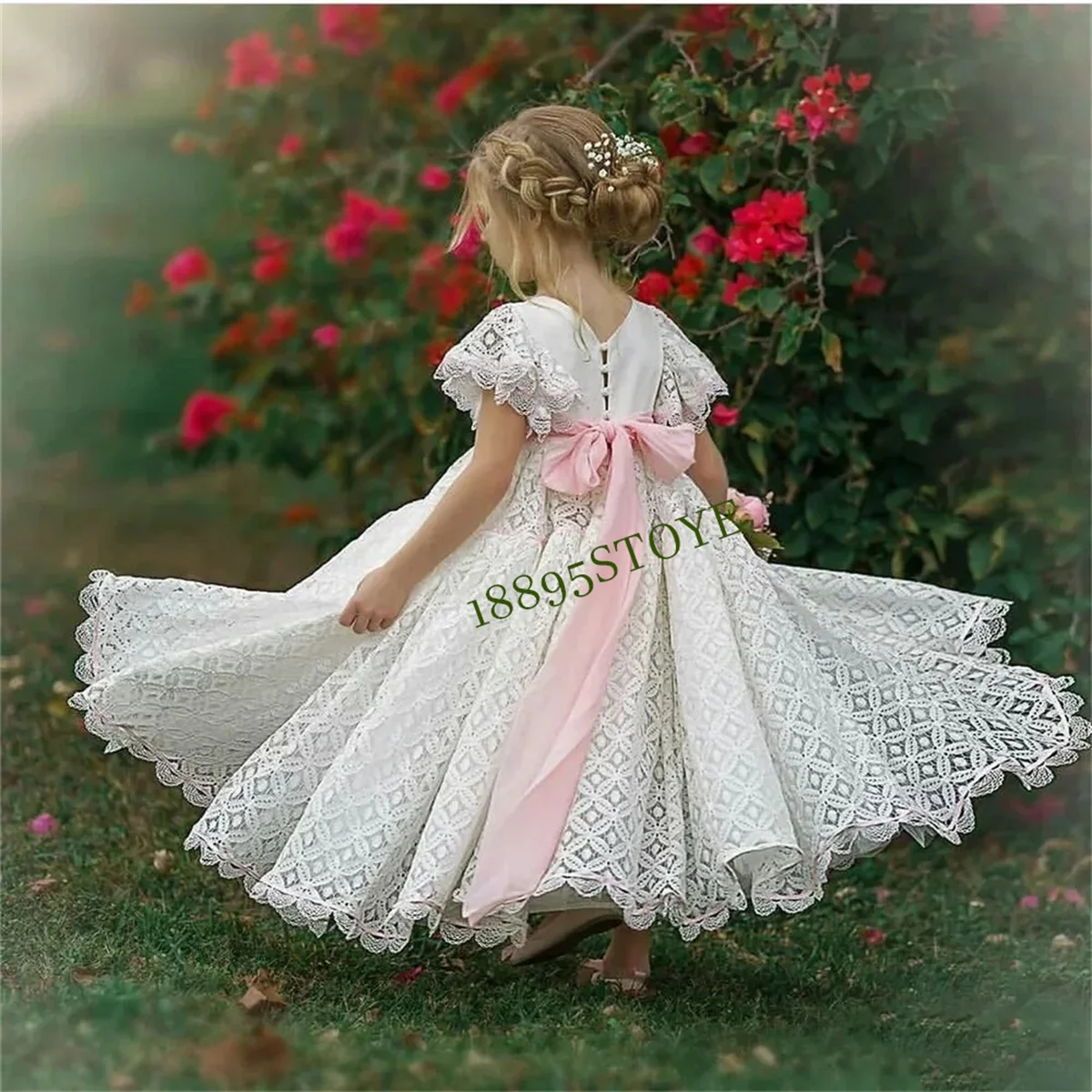 CustomizedFlower Girl Dress Princess Ball White Short-sleeved Tulle Lace Printing First Communion Dresses Kids Surprise Birthday