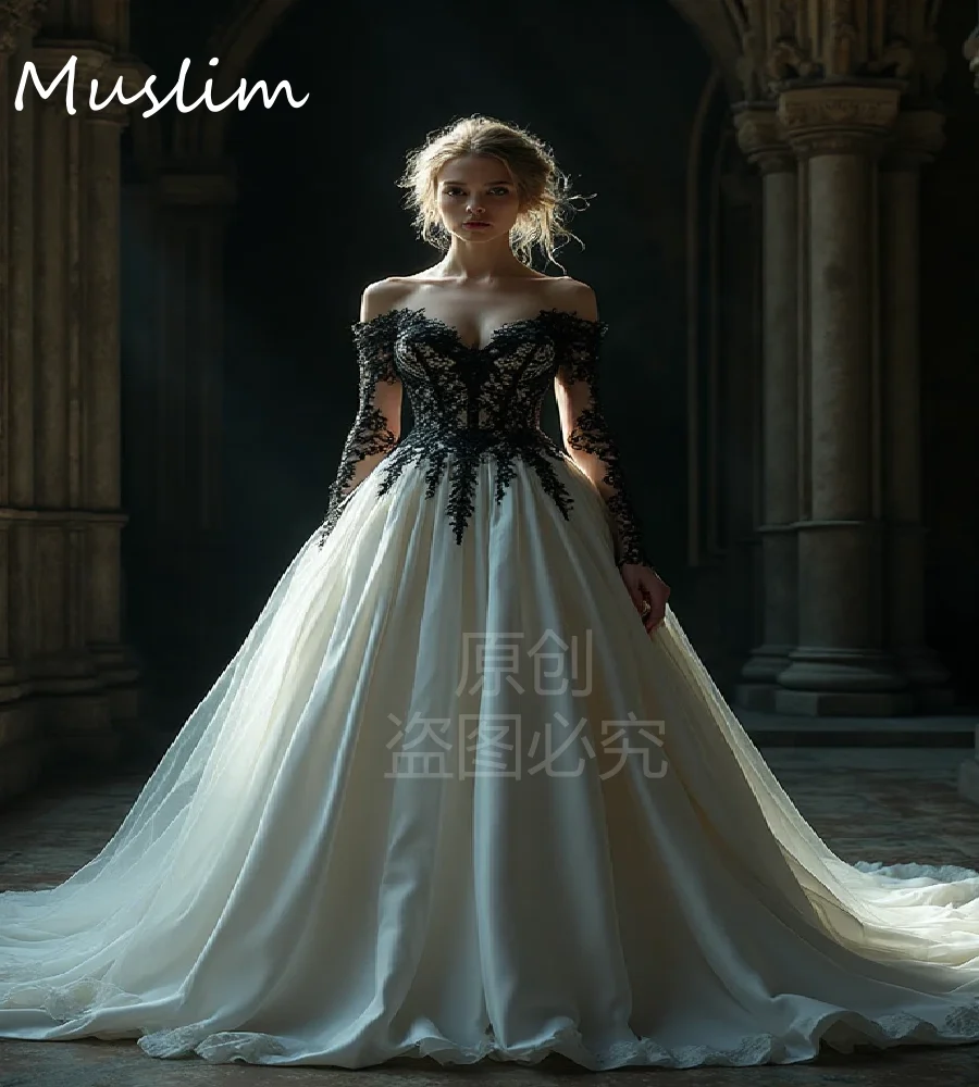 

Charming White With Black Lace Wedding Dress 2026 Long Sleeve Sweetheart Country Bridal Gowns Vintage Gothic Medieval Bride Wear