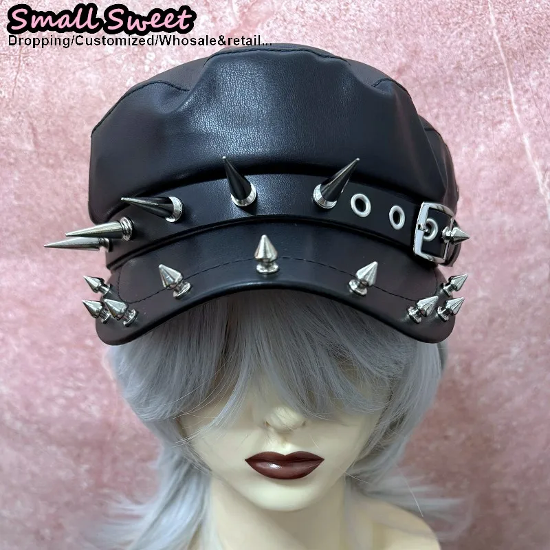 Harajuku Gothic Women Y2k Spice Girl Steampunk Grunge Punk Rivet PU Leather Spike Beret Hats Streetwear Goth Lolita Rock Caps