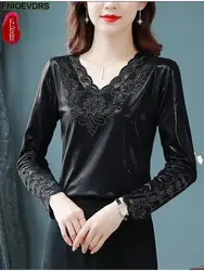 S-3XL Women 2023 Winter Basic Shirts Slim Elegant Office Lady Black Lace Bling Retro Vintage Warm Velour Red Velvet Tops Blouse