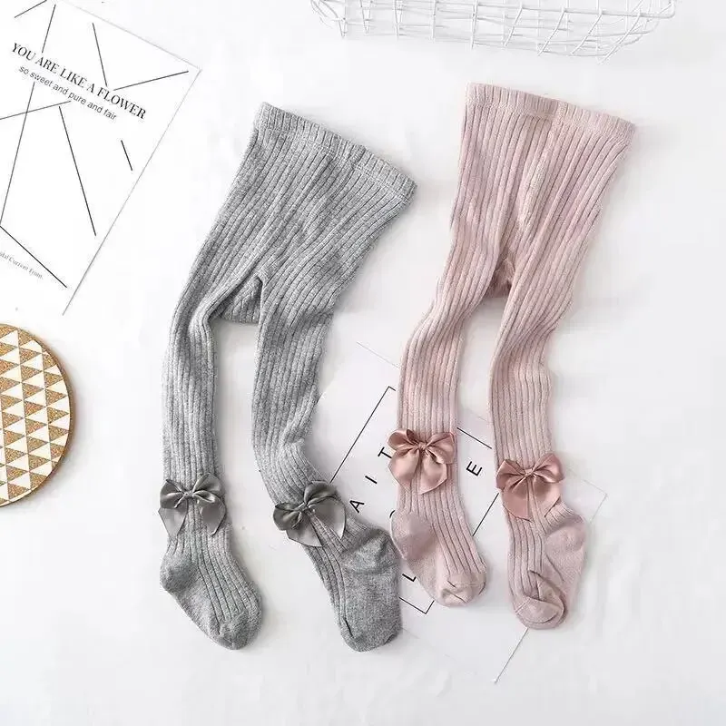 Collants de algodão tricotados para meninas, cintura alta, bowknot fofo, meia-calça para crianças, criança e bebê, inverno