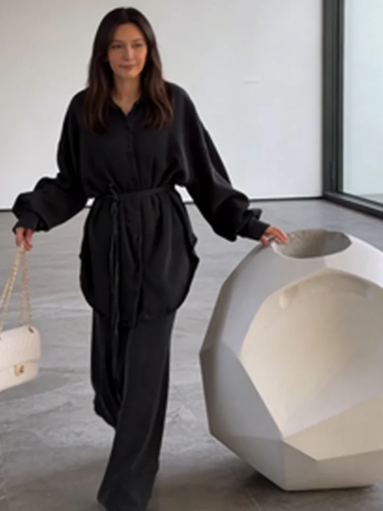 

Women Denim Long Skirt Set Casual Single Breasted Lace up Loose Shirt Maxi Skirts Sets 2026 Fashion Lady Daily Commute Outfits