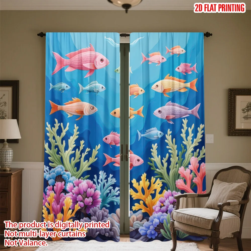 

2D flat printing 2pcs Curtain Colorful Underwater Scene(1) Digital Printed Polyester Drapes Festive Curtains Use for Bedroom
