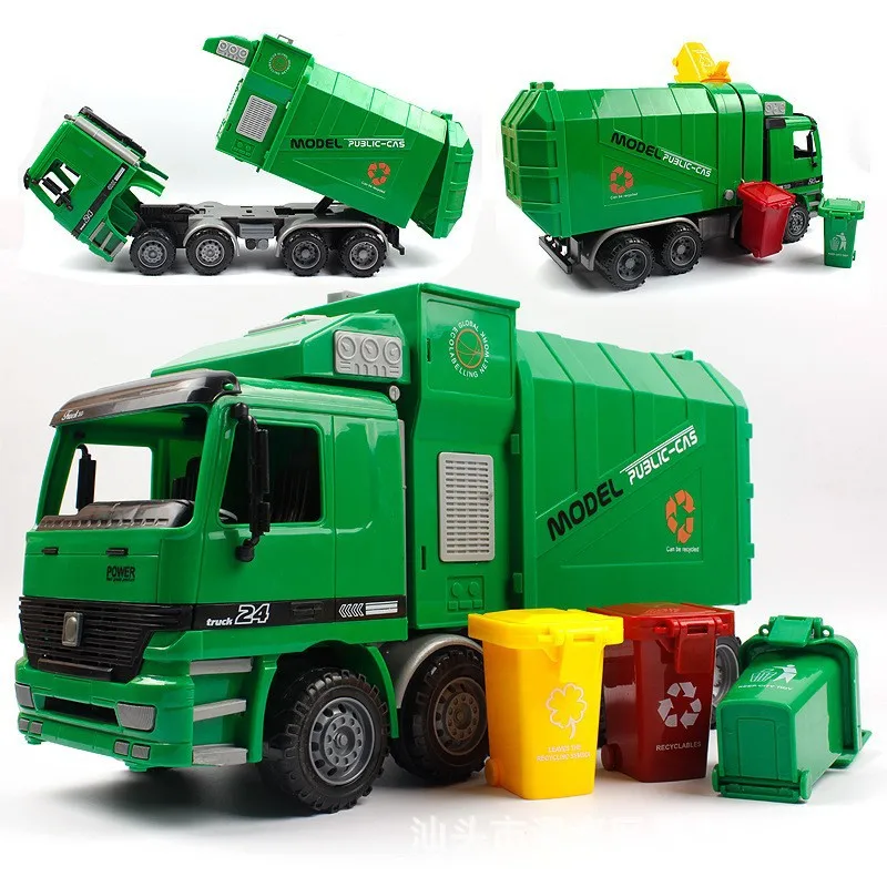 Large Children Simulation Garbage Orange Truck Sanitation Car Vehicle Kid Toys With 1 Garbage Can Hand Cranking Operate B243