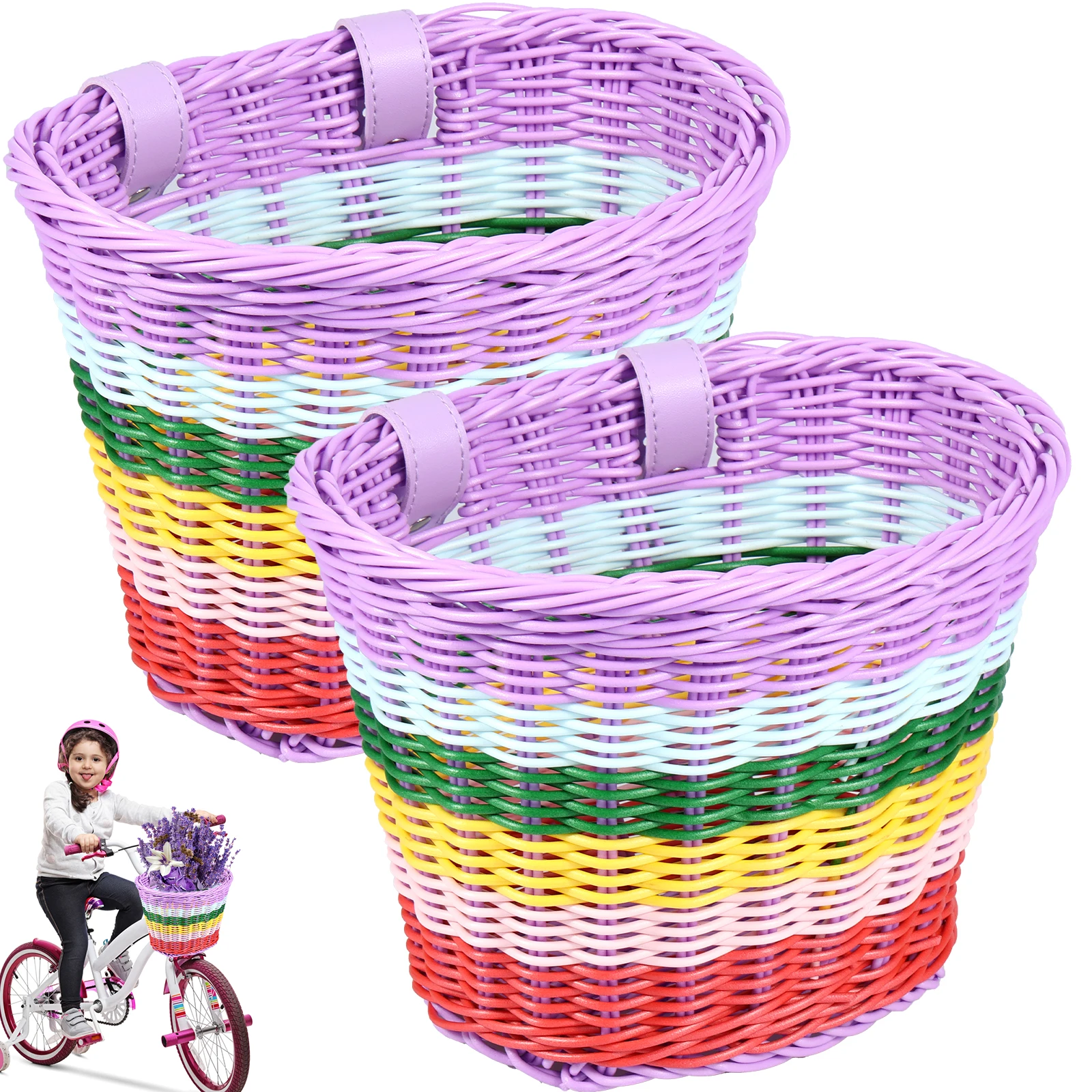 2Pcs Kids Bicycle Basket Colorful Bike Basket Front Bicycle Basket Handwoven Toddler Scooter Baskets Waterproof Tricycle Basket