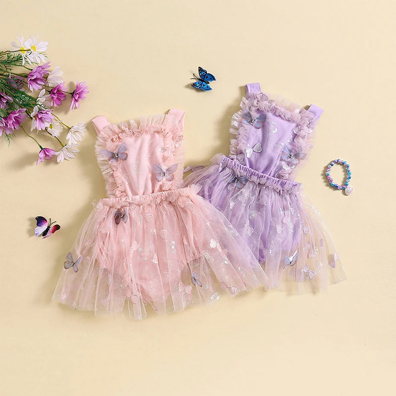 

VISgogo Baby Girls Rompers Dress Dot Butterfly Sleeveless Straps Backless Tulle Skirt Hem Infant Bodysuits Summer Clothes