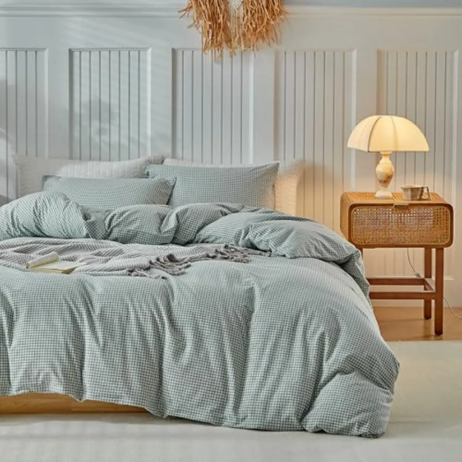 

Grreen Gingham Duvet Cover Washed Cotton Plaid Checkered Bedding Set 3 Pieces Grid Duvet Cover with 2 PillowcasesReversible Ult