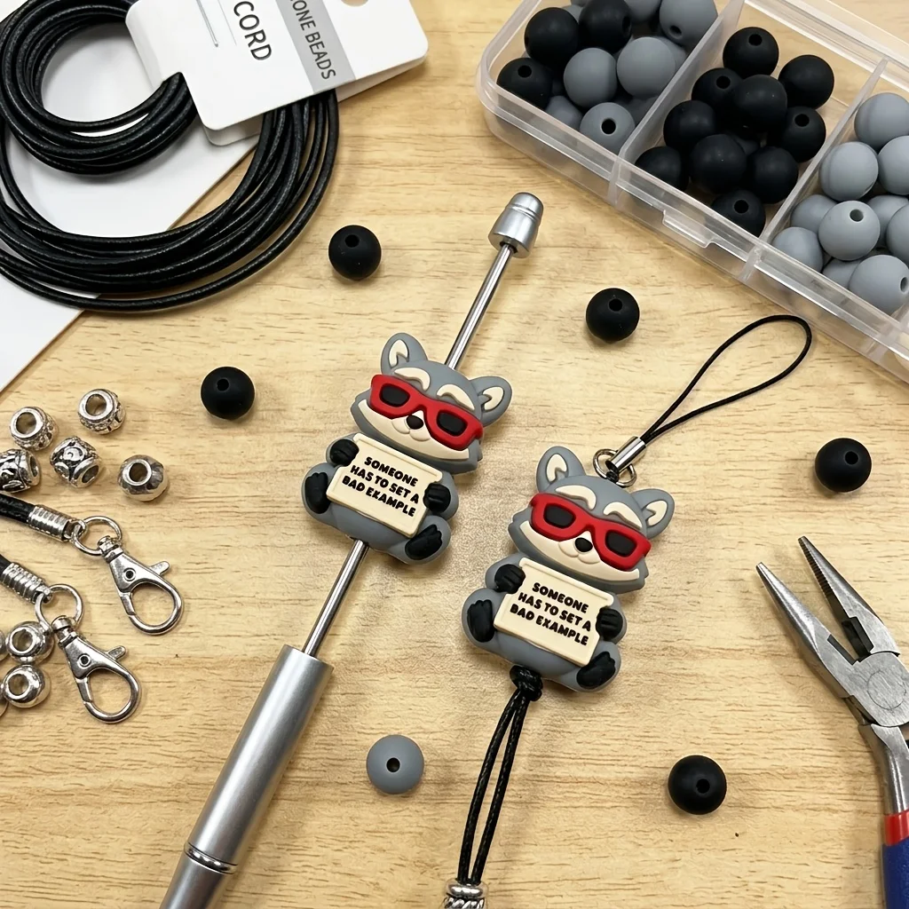 6Pcs New 3D Raccoon Silicone Focus Beads with Red Sunglasses Tag, Loose Beads for DIY Beaded Pen & Jewelry Making