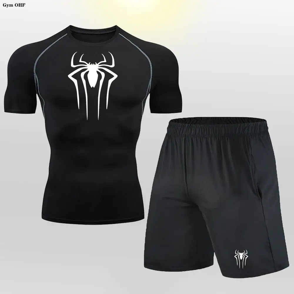 Spider Men T Shirt Shorts Set Compression Sport Suit Mens Clothes Running Tracksuit Wear Exercise Workout Tights Man