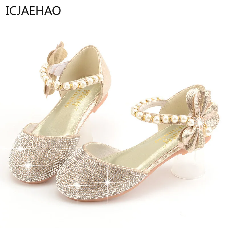 ICJAEHAO Wedding Party Shoes Kids Girls Bow Child Classic Sandals Gown Gold Pink Silver Princess Diamond Glitter Crystal Shoes