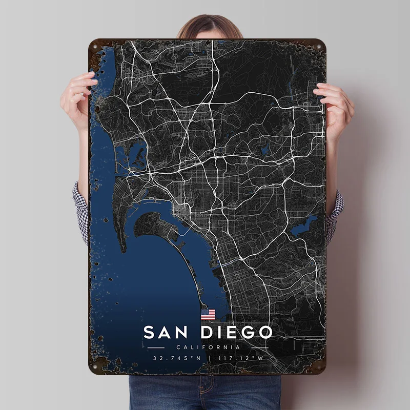 San Diego California City Map Metal Poster Customized Wall Art Retro Vintage Metal Signs for Man Cave Bar Accessories Interior