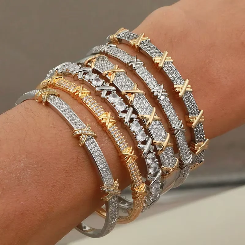

Uilz Classic Luxury Cross X-shaped Bangles Bracelets for Women Men Double Color Cubic Zirconia Bracelets Party Daily Jewelry