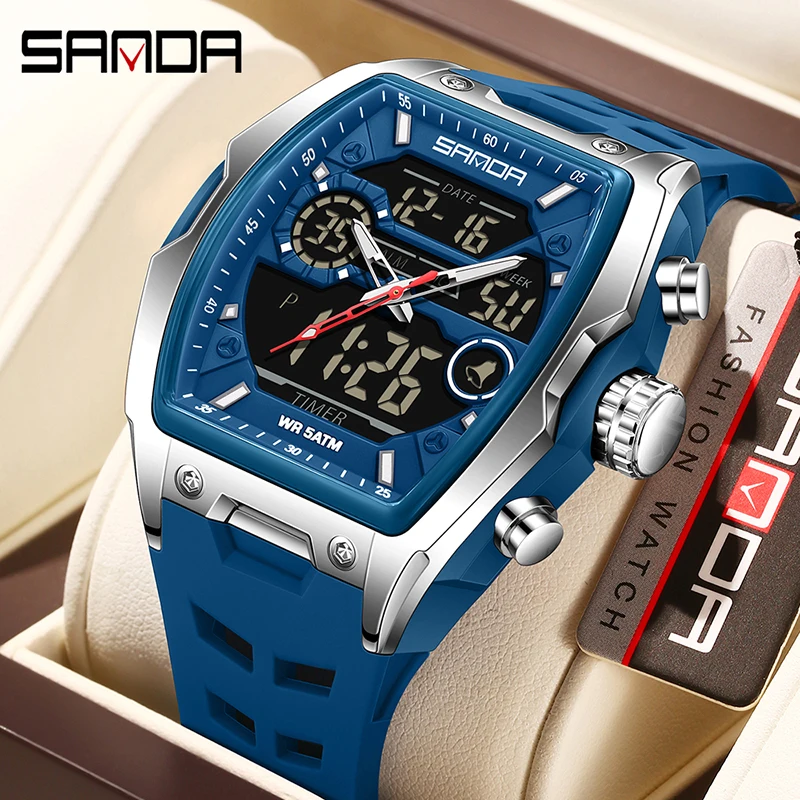 SANDA Dual Display Men Sport Watch 5Bar Waterproof Digital Calendar Chronograph Watch Tonneau Dial LED Luminous Quartz Men Watch