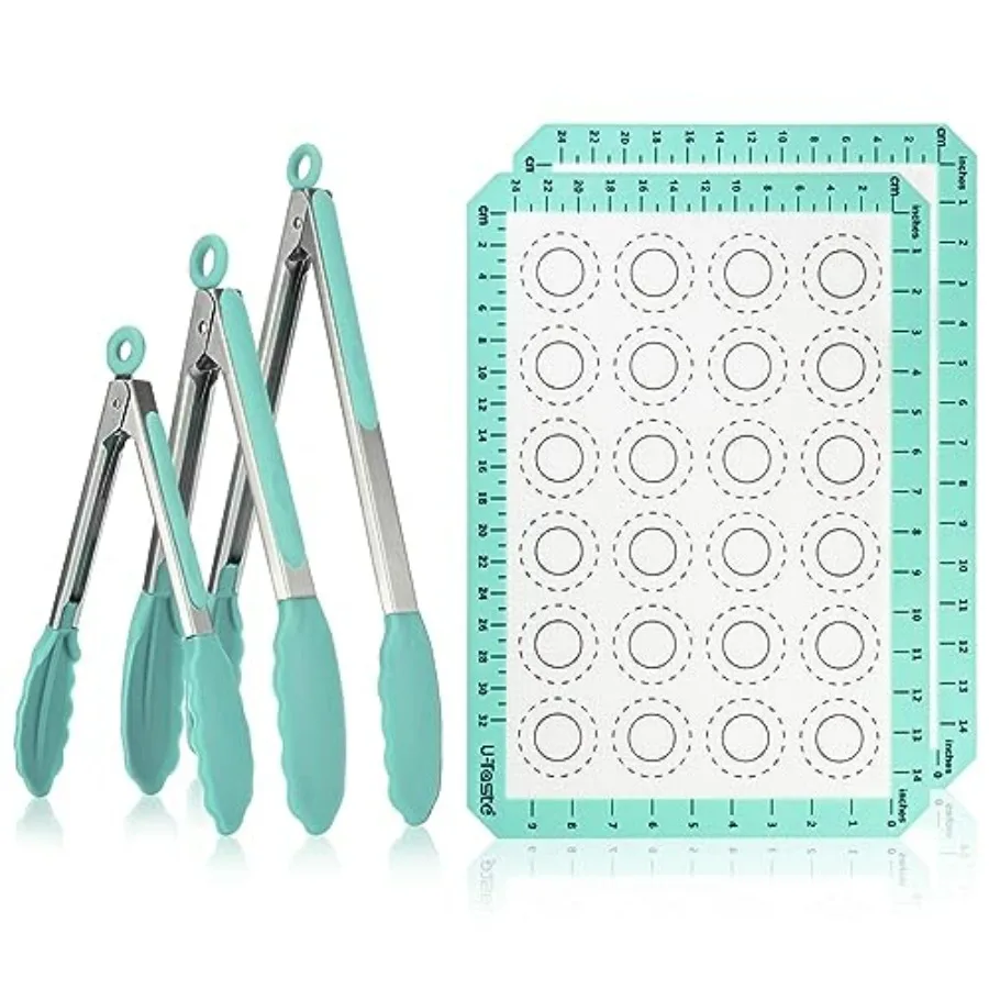 حصيرة خبز سيليكون معكرون مقاومة للحرارة 446 درجة فهرنهايت ومجموعة ملقط مطبخ من السيليكون المقاوم للحرارة 600 درجة فهرنهايت (أكوا سكاي) #1