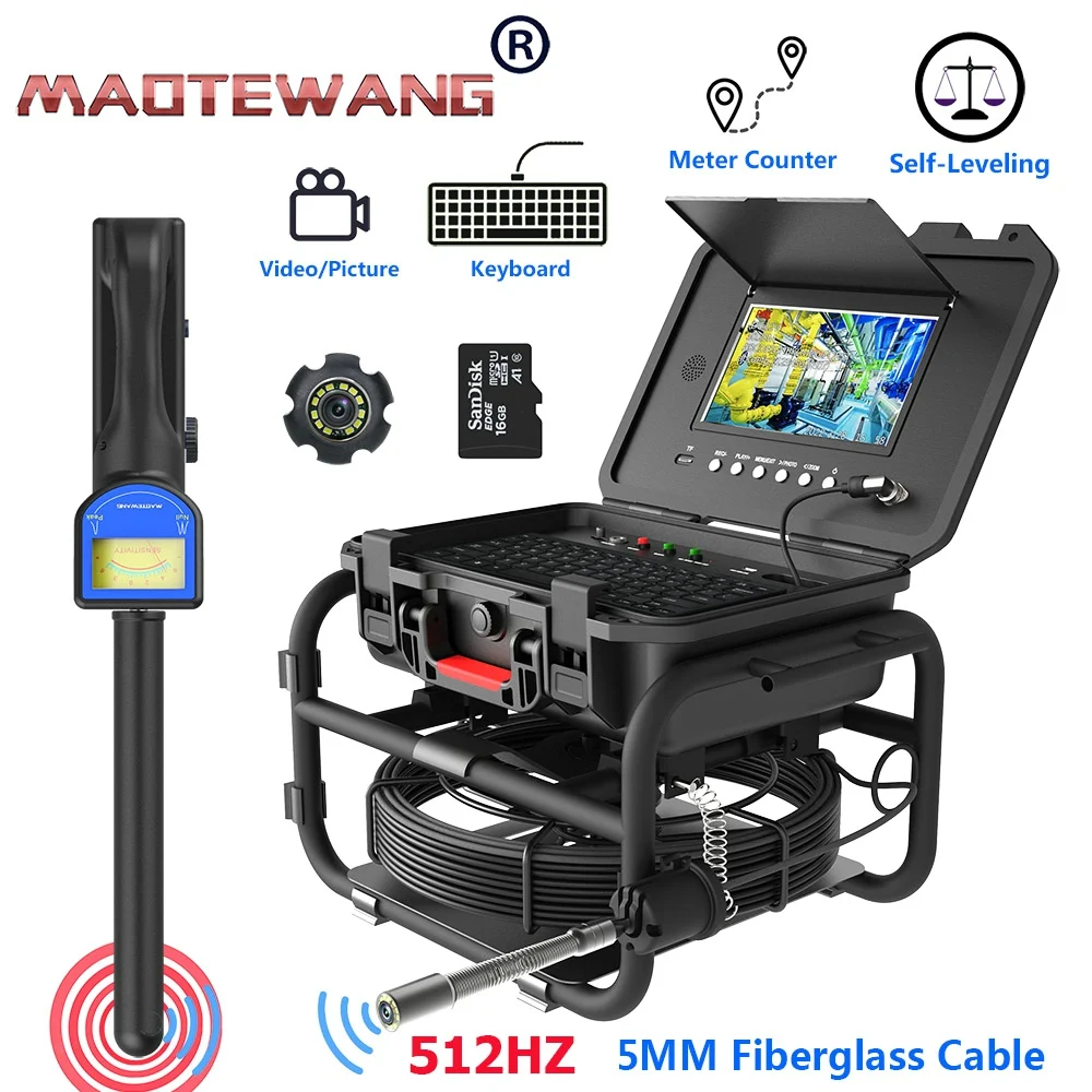 70M and Self-Leveling 512HZ Locator Sewer Pipe Inspection Camera 9Inch 1080P Screen 512HZ Receiver Meter Counter Sewer Camera