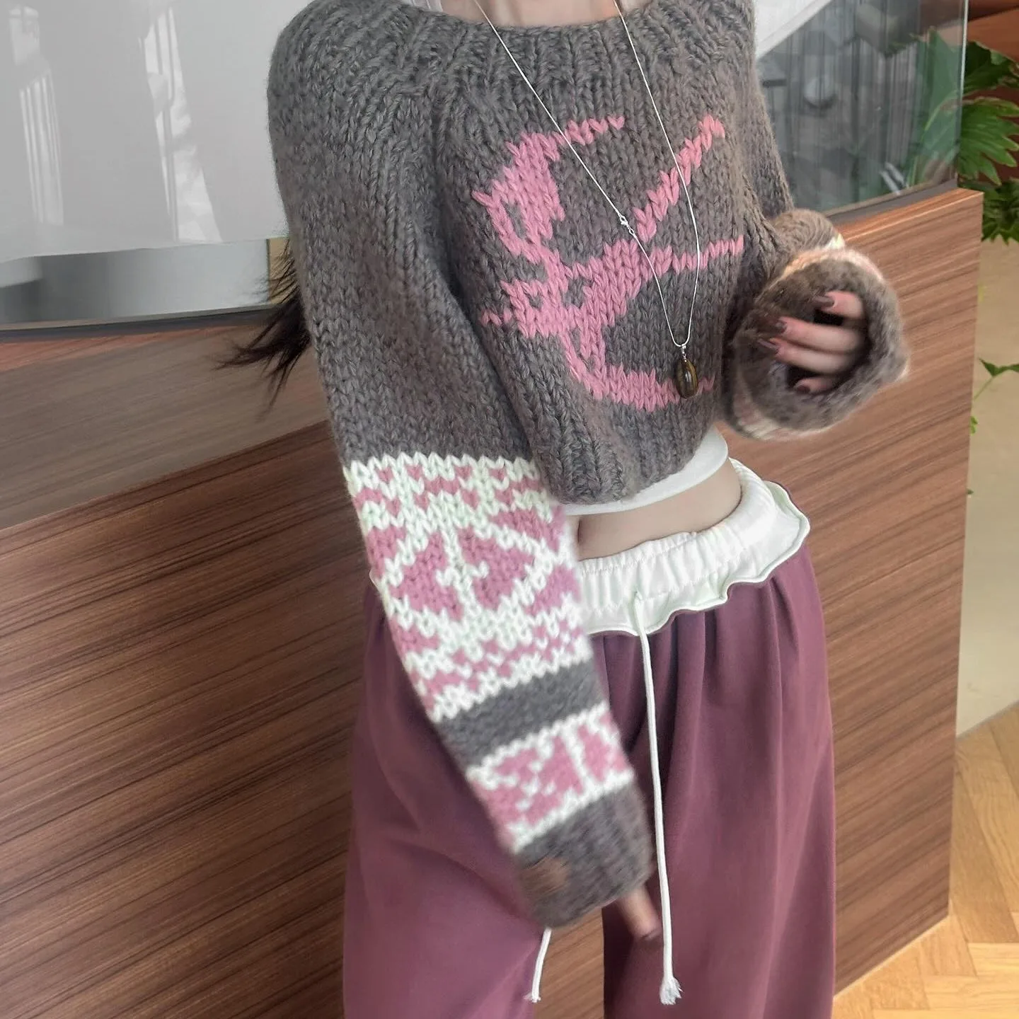 Korean Style Geometric Pattern Knitted Sweater Women's Loose Fit Pullover Heavy Weave  Design Sensation Fashionable Chic