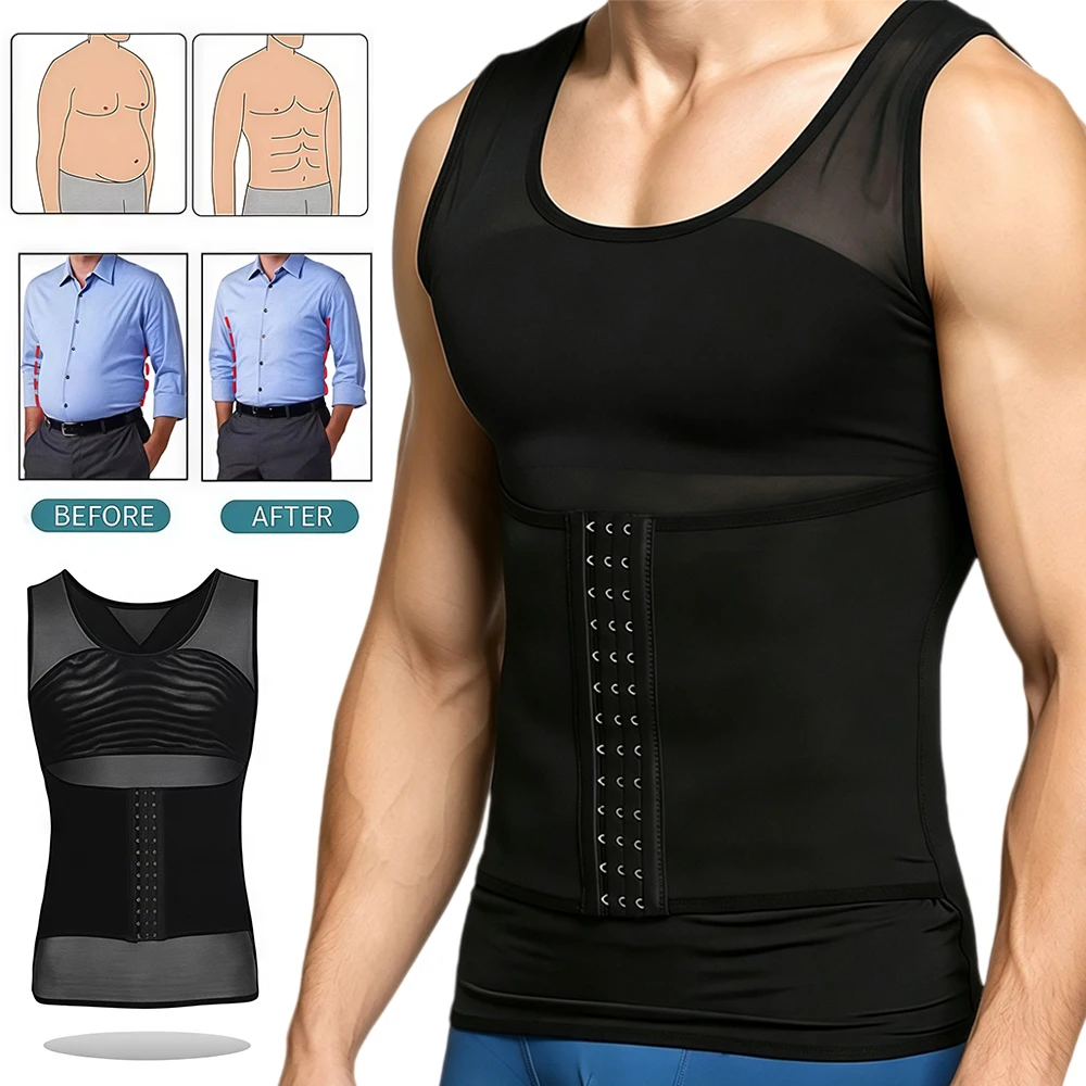 Button Adjustable Compression Shirts for Men,Tummy Control Slimming Body Shaper Vest,Breathable Invisible Tank Top Belly Shaping