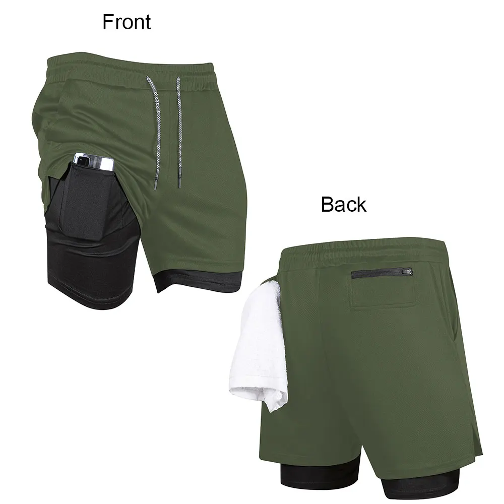 2 in 1 Performance Shorts Men\'s Fitness Gym Workout Summer Soild Color Short Pants Double-deck Quick Dry Jogging Sportswear