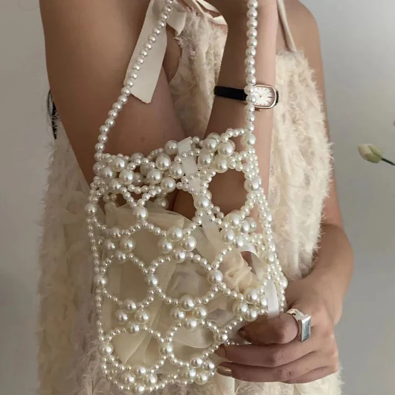 

SHINE Summer Hollowed-out Pearl Beach Bag Women's Cute Portable Handmade Beaded Handbags Customized Leisure Party Clutch Purse