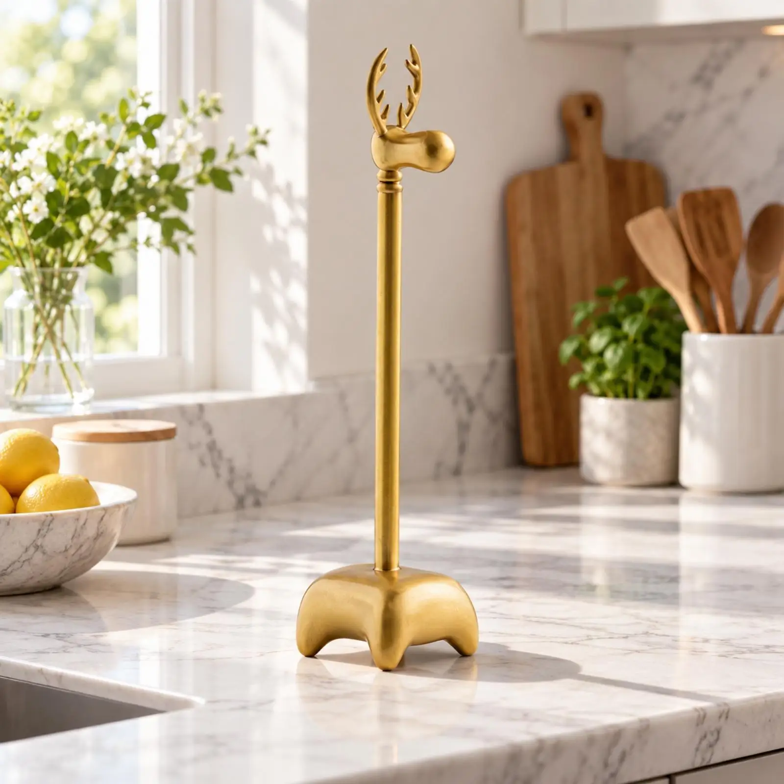 Brass Paper Towel Holder with Deer-Head Finial Gold-Tone Decorative Deer-Head Paper Towel Stand Sturdy Sturdy for Dining Table