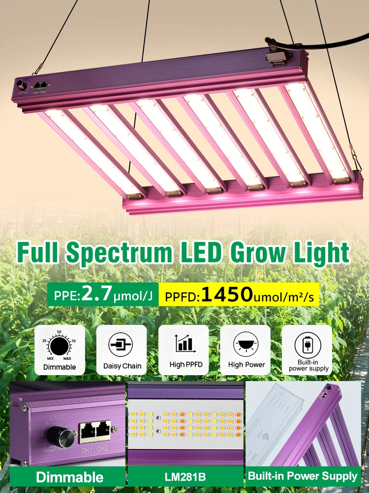 200/300W LED-Pflanzenlampe für Zimmerpflanzen, Vollspektrum, kostengünstig, dimmbar, mit Daisy-Chain-Funktion, faltbare Stablampe mit eingebautem Netzteil für Indoor-Gärtnerei und Grow-Zelte