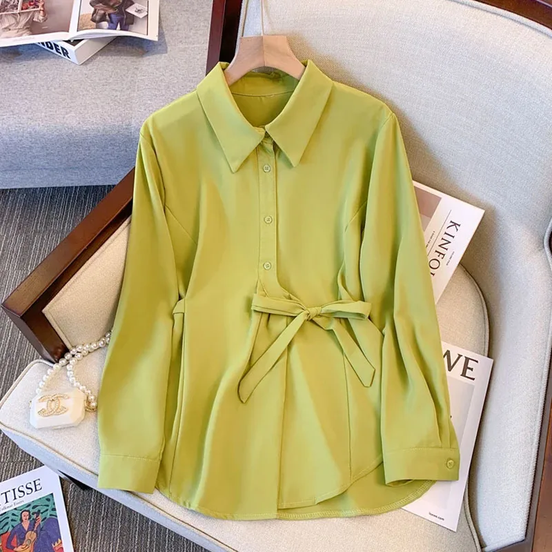 Plus Size 4XL Women's Chiffon Blouse Long Sleeve Loose Fit Green Color Spring Summer 2025 Female Top with Sashes