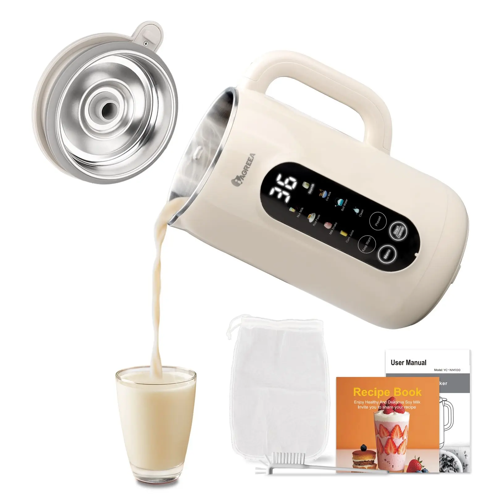 IAGREEA 8 in 1 Nut Milk Maker Machine Stainless Steel Lid BPA Free for Homemade Almond/Oat/Soymilk, 35 oz(1L) Almond Milk Maker