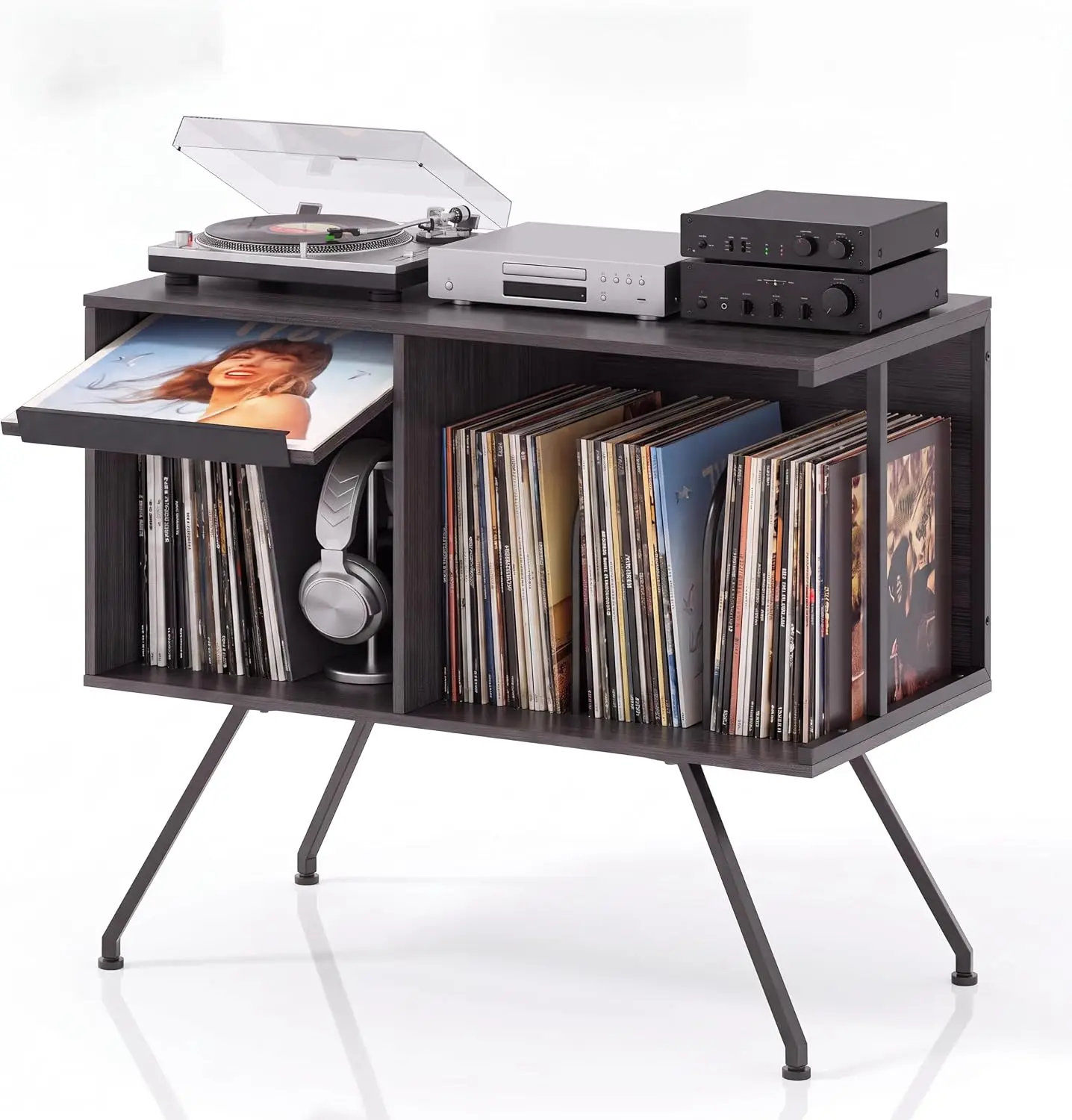 31.5 In Vinyl Record Player Stand With Storage Dust Block Flip Top Lid Turntable Shelf Holds Up To 160 Plus Albums U Shaped Dividers And Album Display For Living Room And Bedroom