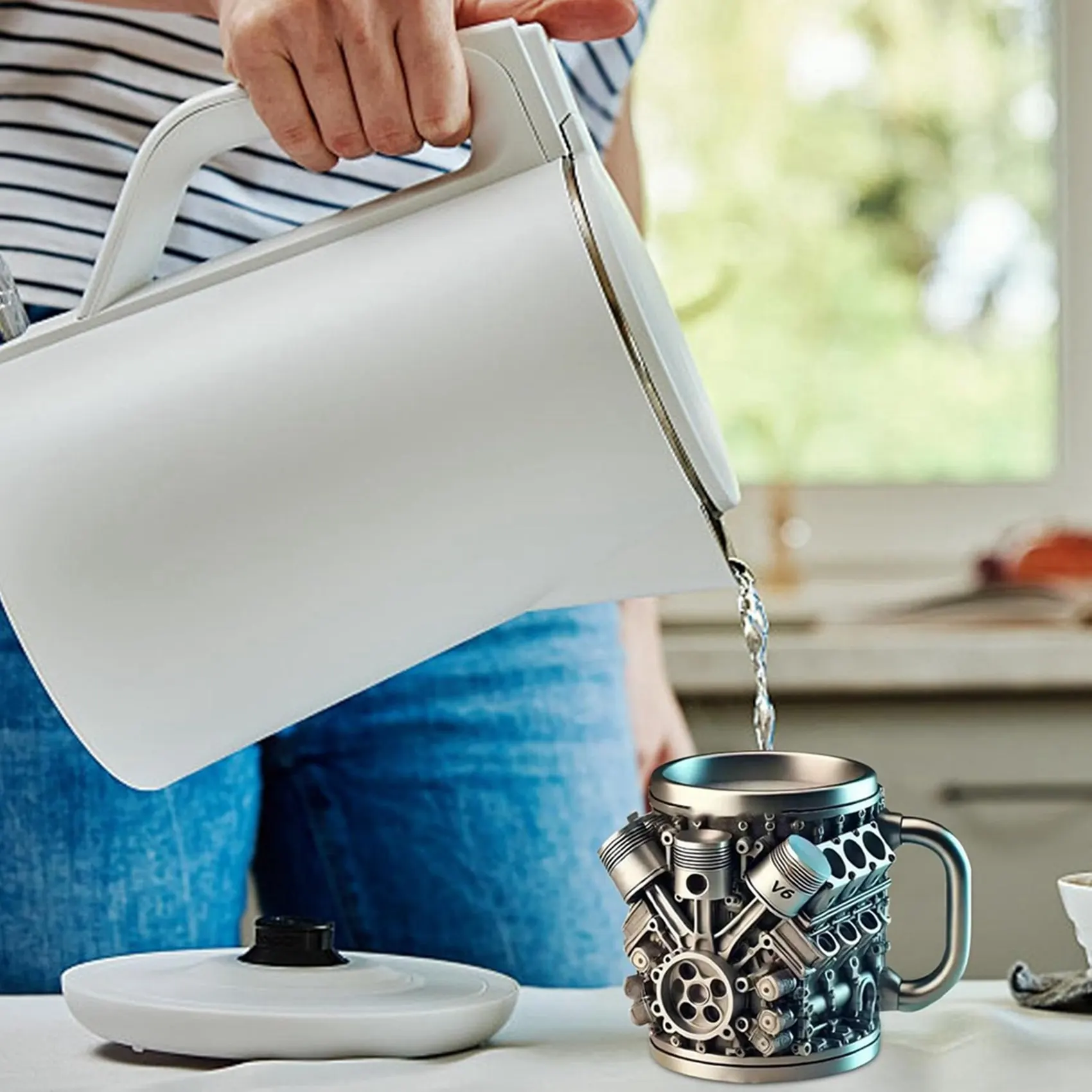 

【COMELY】Кружка для кофе из нержавеющей стали с дизайном двигателя V6, термоизолированная кружка-термос в виде автомобильного двигателя, подарок для автолюбителей