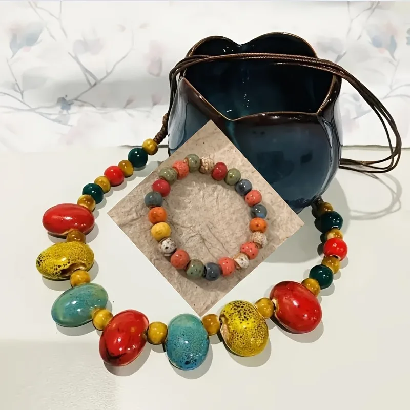 Two Pieces, One Necklace and One Bracelet, Dopamine Ceramic Necklace, Colored Handmade Necklace, Adjustable Length Necklace