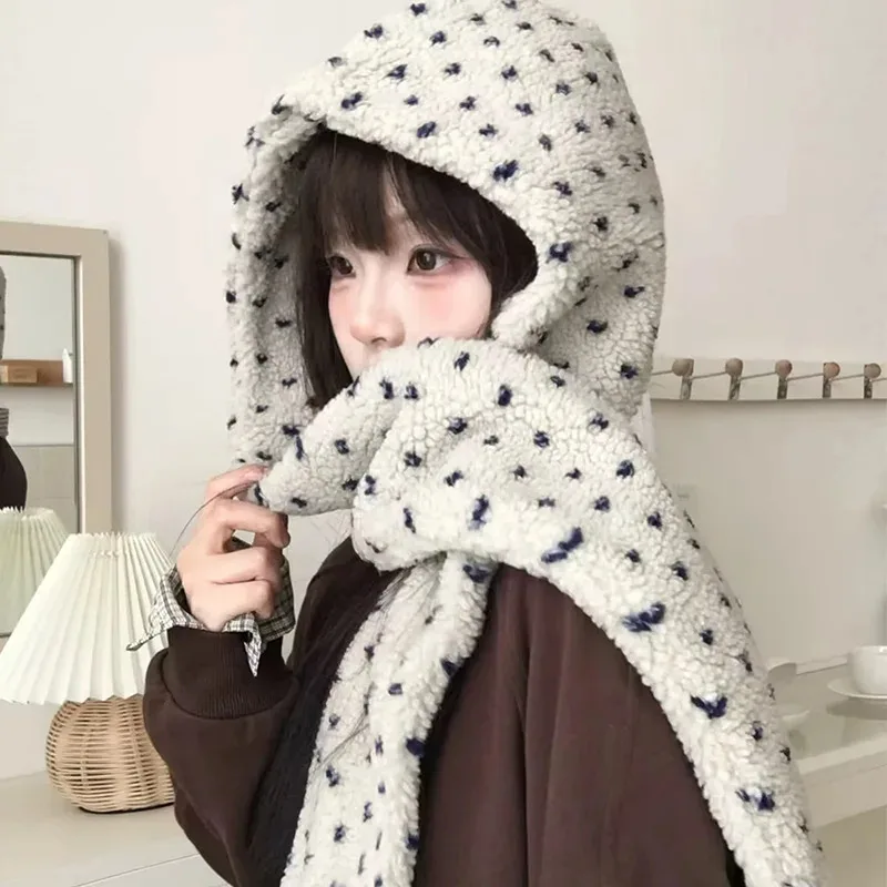 

Polka Print Pullover Hats for Women Autumn and Winter Warmth Neck Protection Cold and Wind Resistance Neck Skullies Beanies