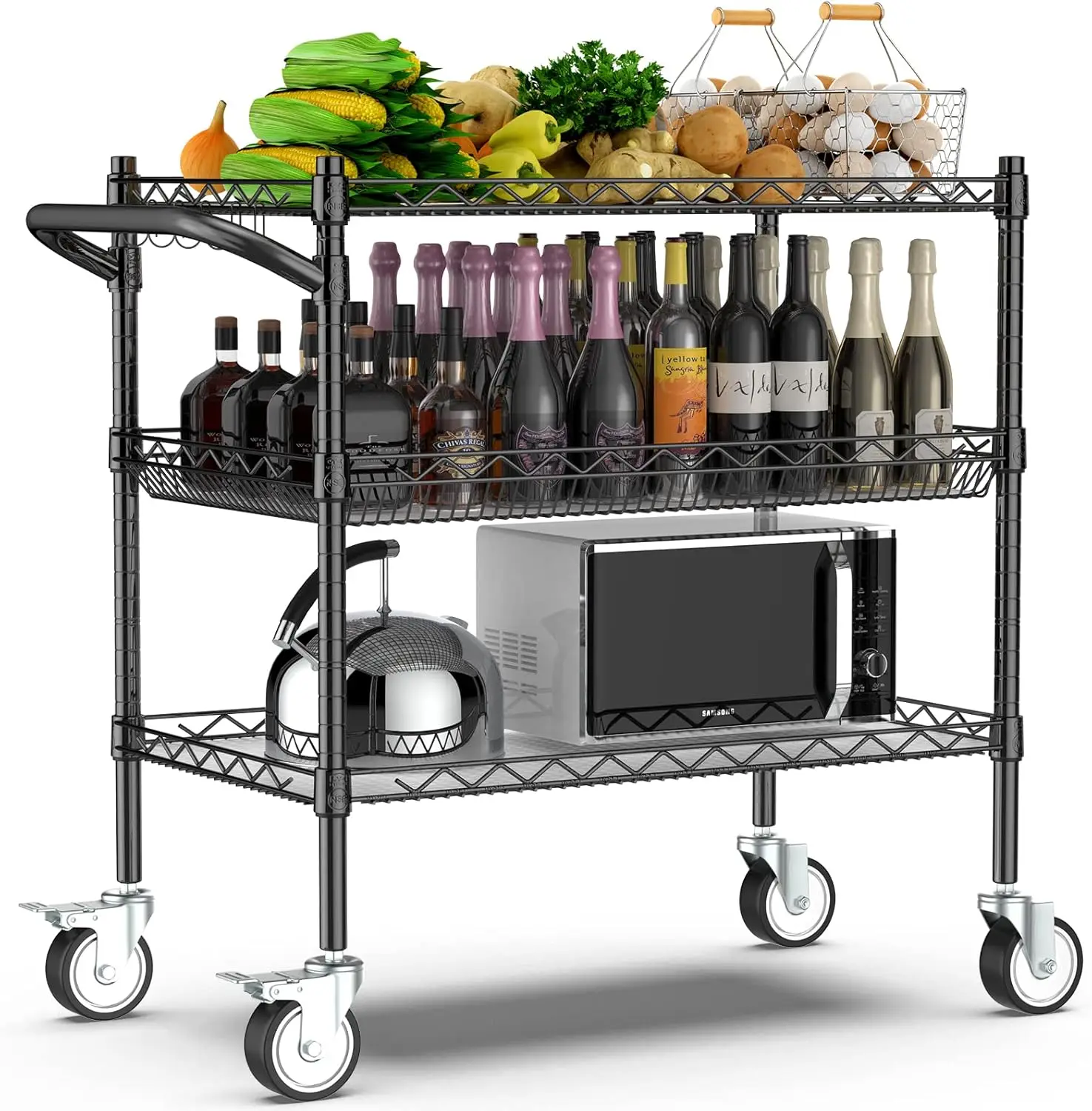 

3 Tier Rolling Carts with Wheels,990Lbs Heavy Duty Rolling Utility Cart,NSF Commercial Grade Metal Cart with Handle&Shelf Liner