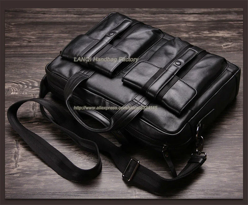 Maletines de cuero genuino de alta calidad para hombre, bolso de oficina, bolso de negocios para hombre, bolso de hombro para ordenador portátil de 15 ", color negro