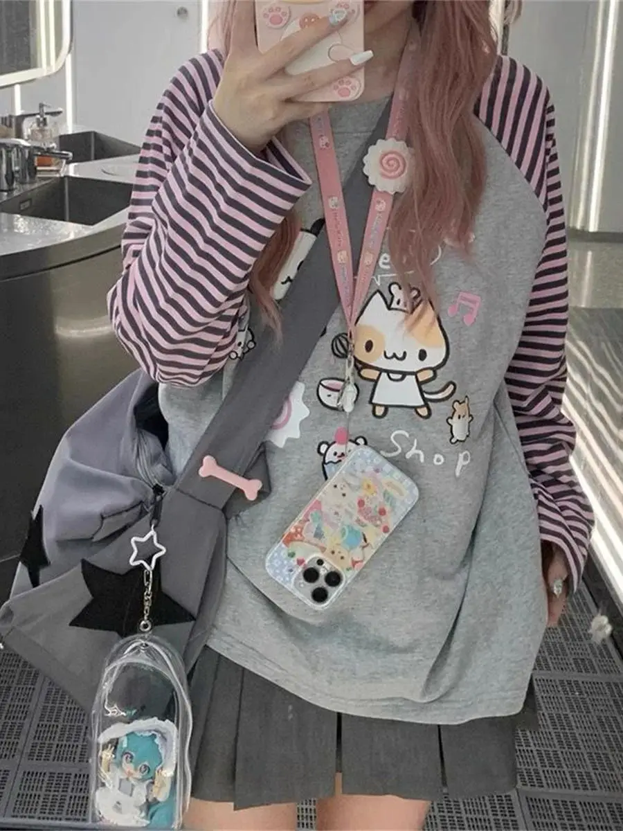 Grey Pink Striped Panda Print Long Sleeve Shirts Y2k Cartoon Japanese Harajuku Kawaii Loose Hoodie Women Spring New Tees