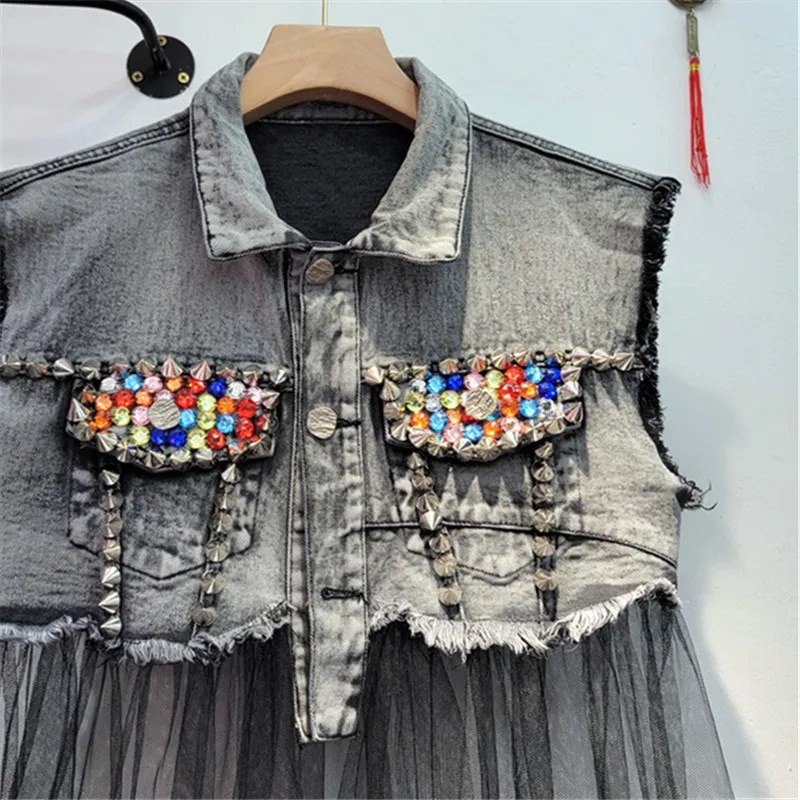 Imagem -03 - Vintage Mid Long Mesh Splicing Denim Vest para Mulheres Rivet Diamonds Colete Pocket Cowboy Slim Desgastado Coletes Jeans sem Mangas Feminino