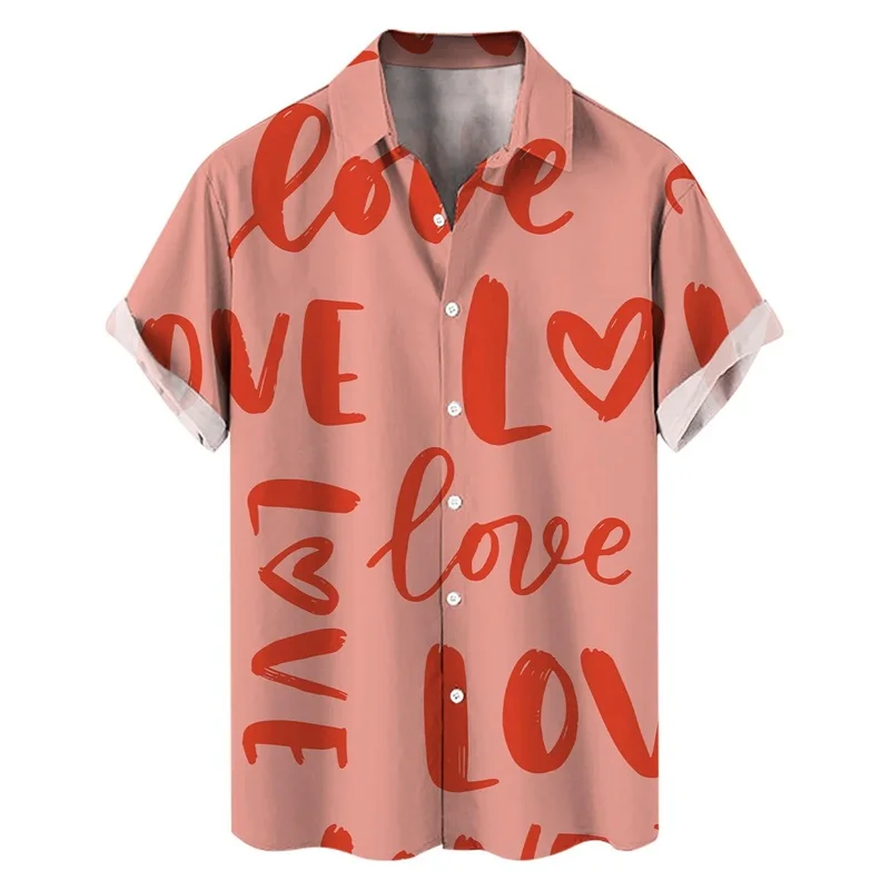 Camisa de manga corta con botones para hombre, camisa con estampado 3d para el Día de San Valentín, cuello italiano, informal, a la moda, para playa, Verano