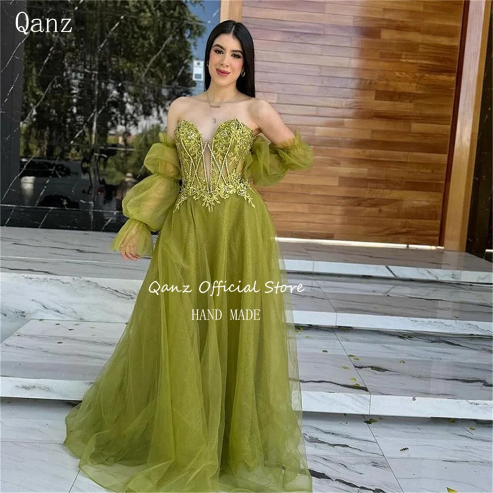 

Qanz Gracefull Tulle Formal Occasion Dresses Long A Line Puff Sleeves Robe De Soirée Luxe élégante 2024 Appliques Evening Dress