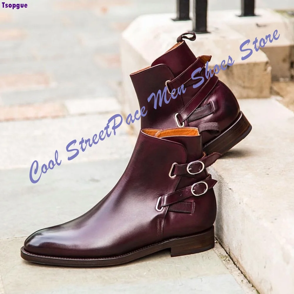 Wine Red Polished Leather Men Ankle Boots Multi Adjustable Buckle Straps Round Pointed Toe Retro Fashion Street Boots Men Shoes