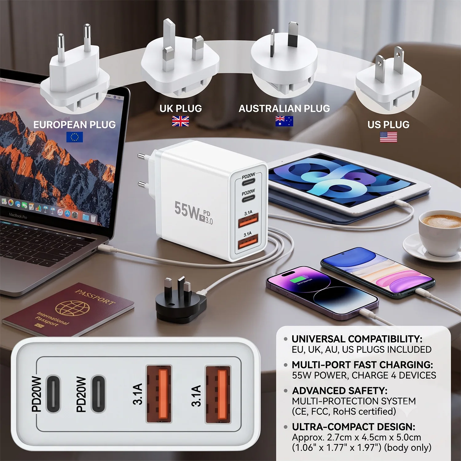 2 USB 2 Type Multi Port Wall Charger AU EU UK US USB PD Adapter For iPhone 13 12 Xiaomi for Samsung Mobile Phone Plug Charging