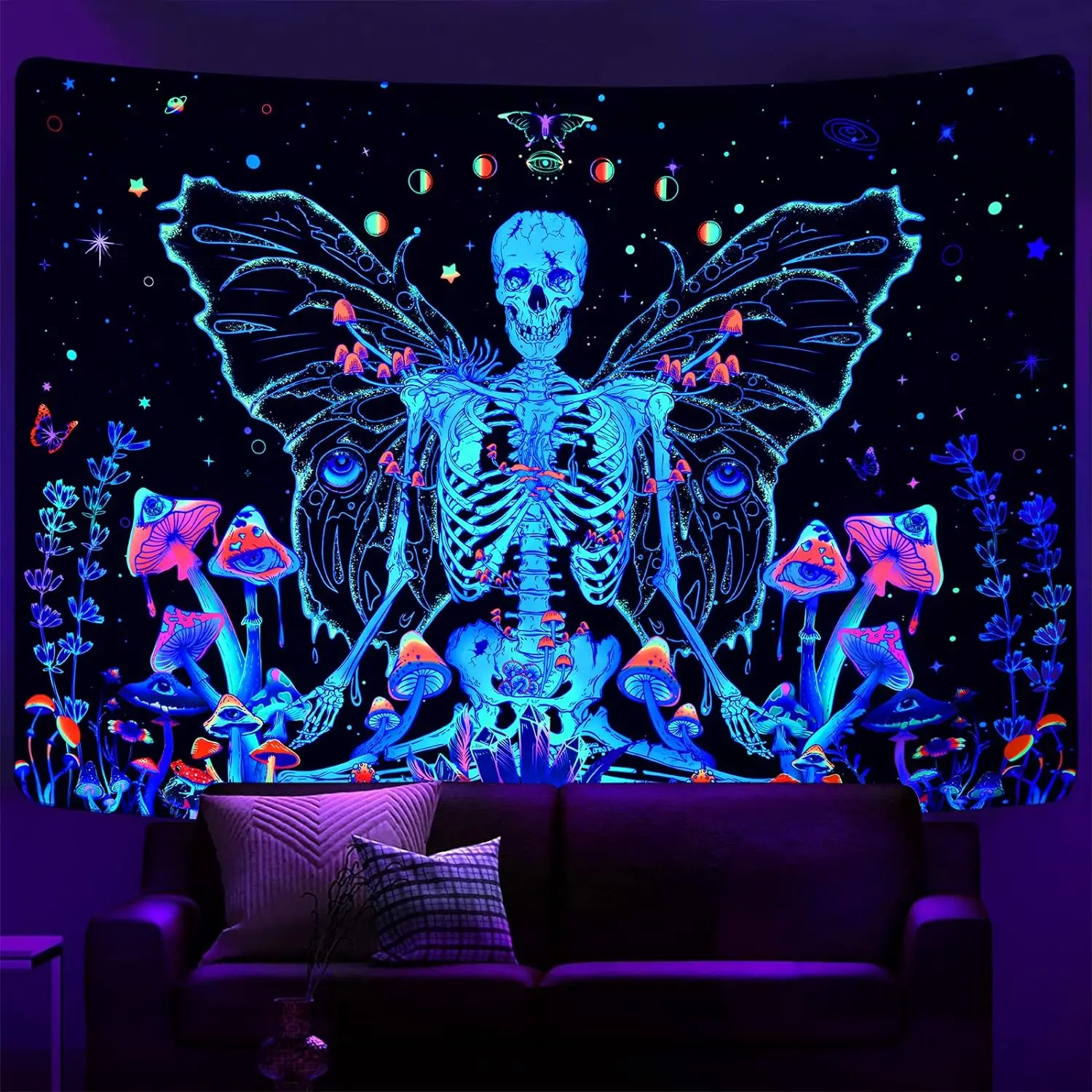 

Black Light Skull Tapestry Aesthetics Butterfly Tapestry UV Active Mushroom Eye Tapestry Galaxy Space Tapestry Neon Skull Moth