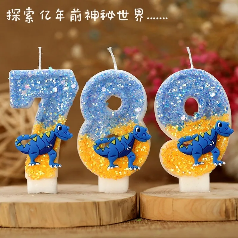 Gradient Yellow Blue Dinosaur Decoration Number Candles 0-9 for Boys Birthday Cake Decoration Candles Ornament Party Supplies